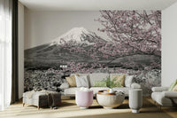 Iconic Japanese mural with color-popped cherry blossoms and Fuji peak.


