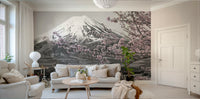 Colorkey mural showing pink blossoms against black-and-white Fuji view.

