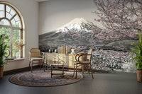 Wall mural of Chureito Pagoda and Mount Fuji under cherry blossoms.

