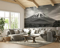 Peaceful colorkey mural with vibrant lake and grayscale mountain.

