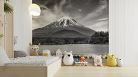 Scenic mural with calm Lake Shoji and towering Mount Fuji.


