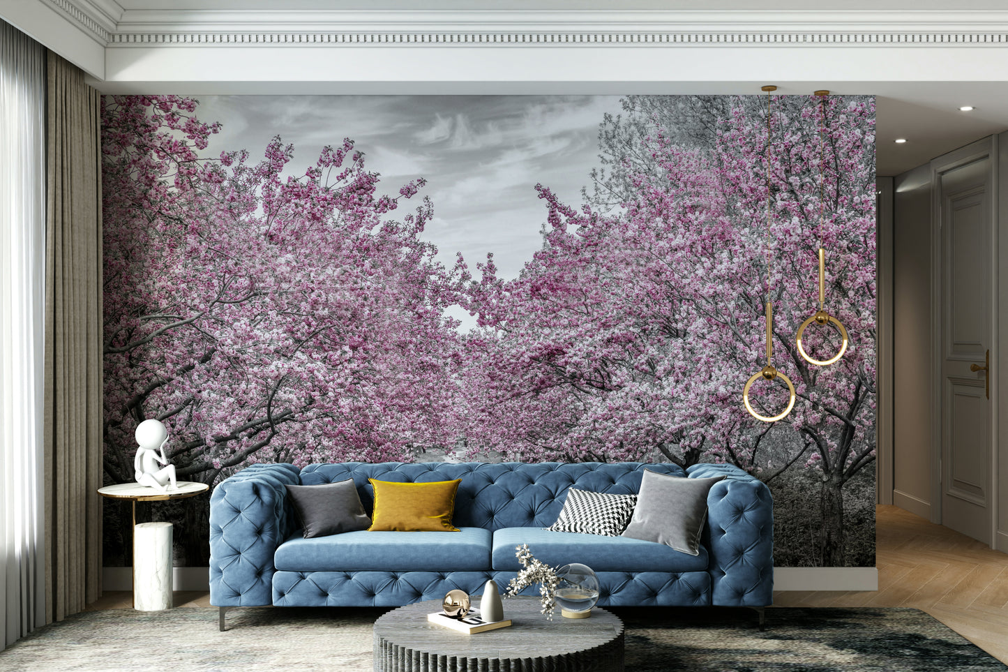 Romantic mural with soft pink blooms and winding garden path.

