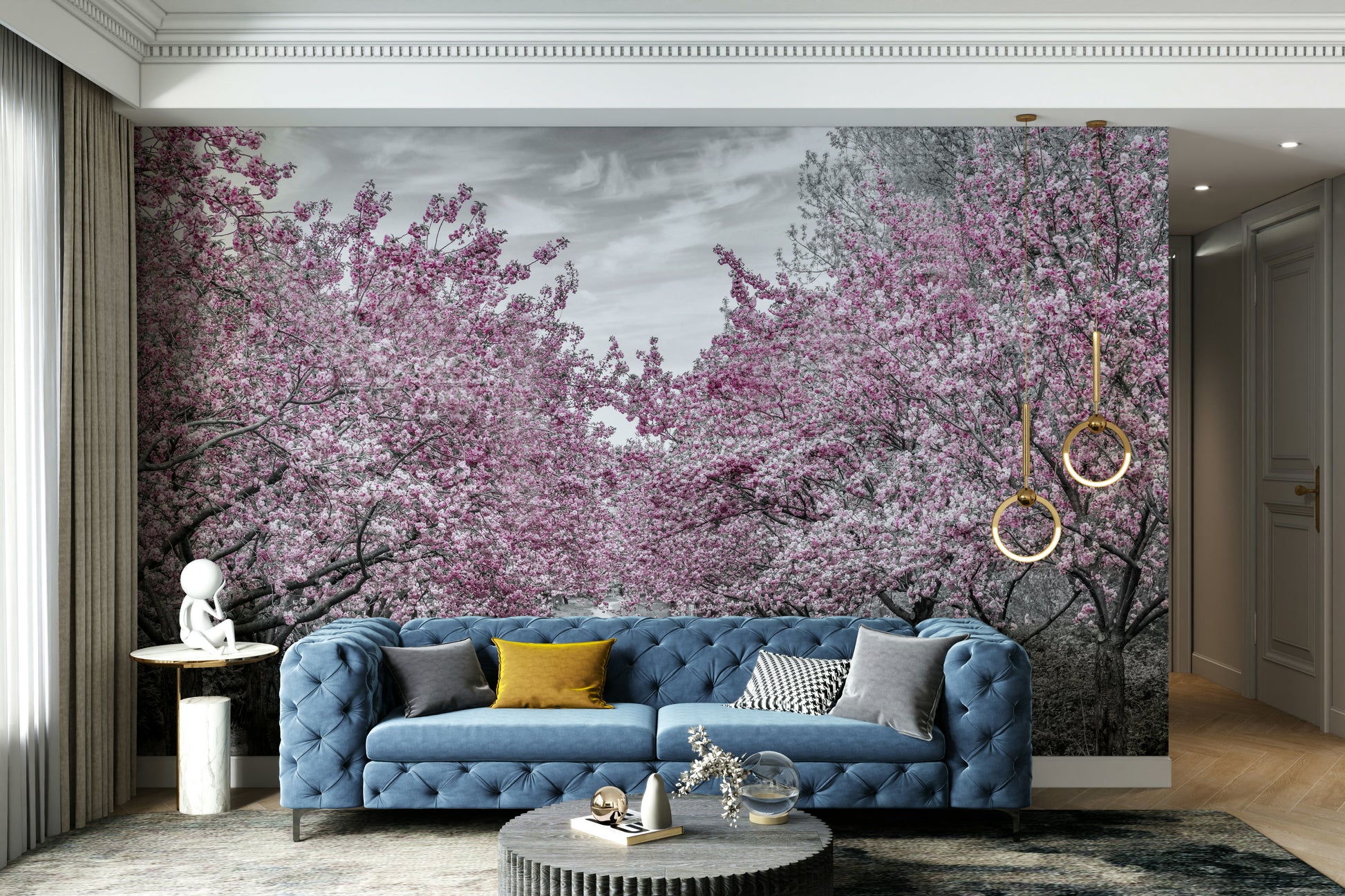 Romantic mural with soft pink blooms and winding garden path.

