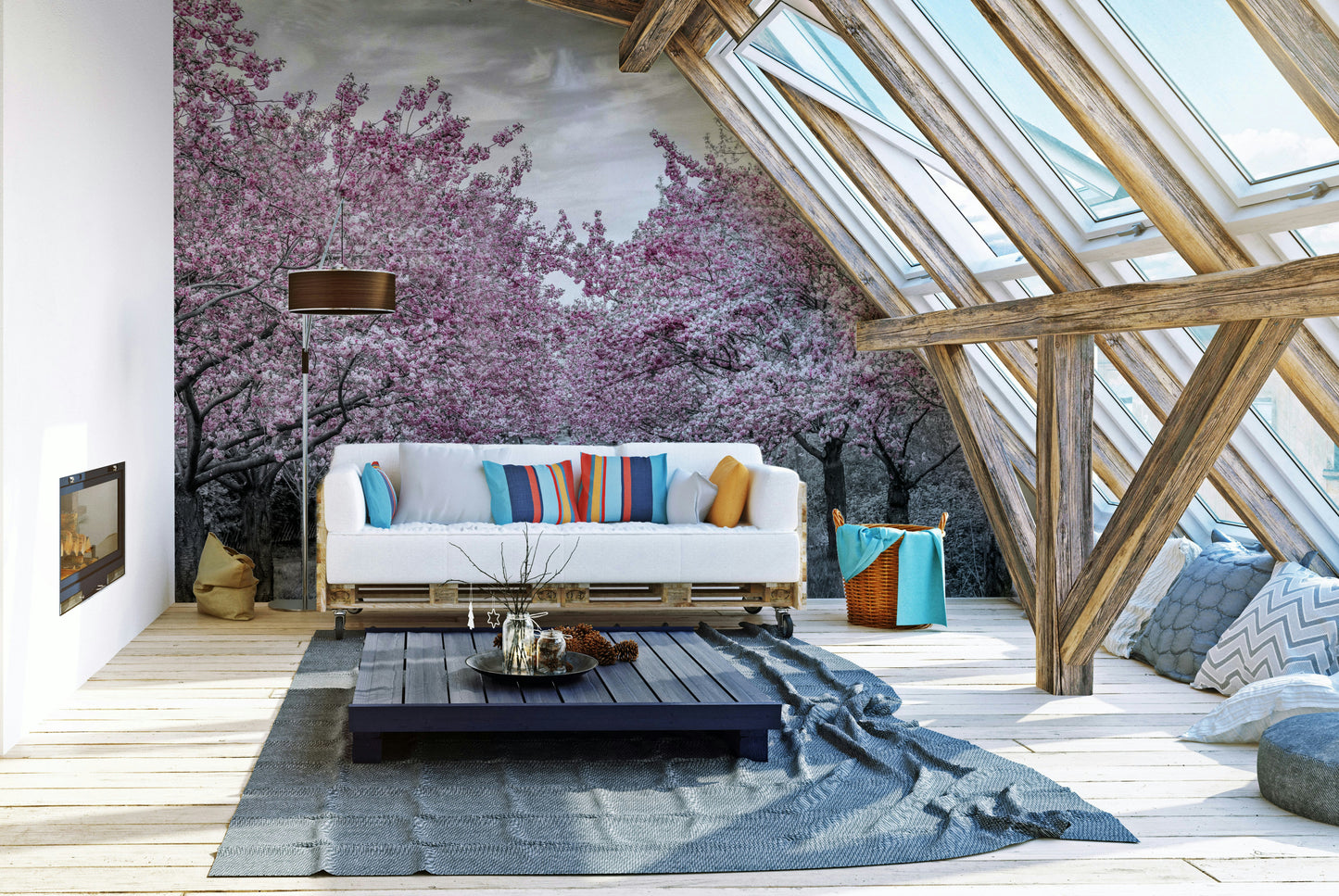 Scenic path mural with pink cherry blossoms in full bloom.

