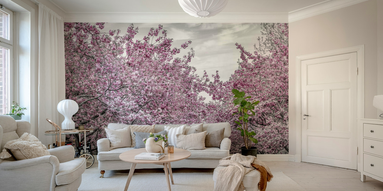 Wall mural of a romantic alley lined with cherry blossom trees.

