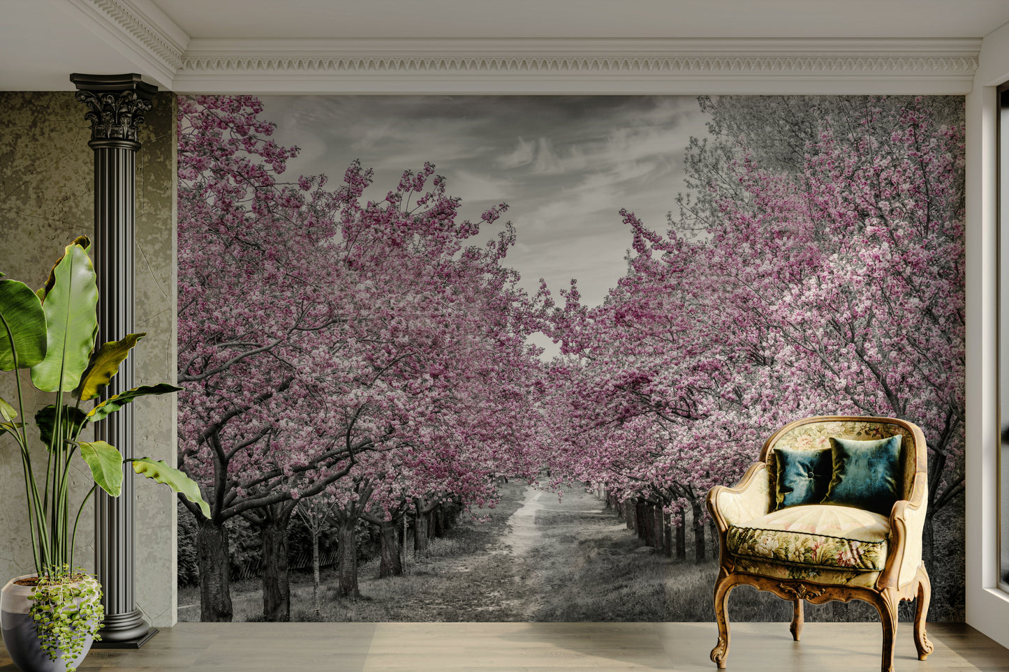 Mural of a blossom-covered alley for dreamy, seasonal charm.

