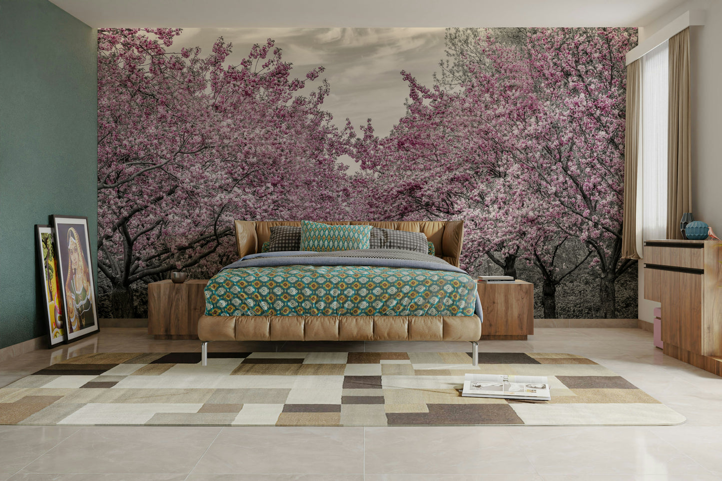 Artistic wall design of a cherry-lined path in springtime.

