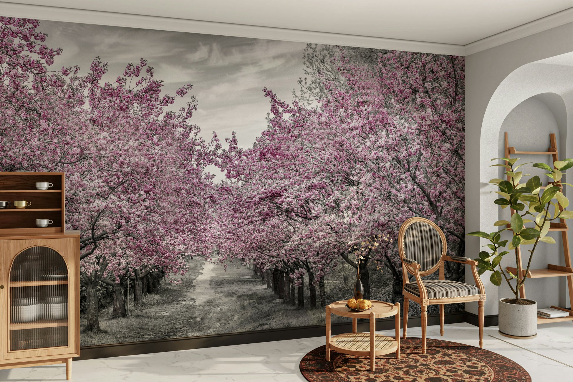 Peaceful mural of pink blossoms arching over a quiet pathway.

