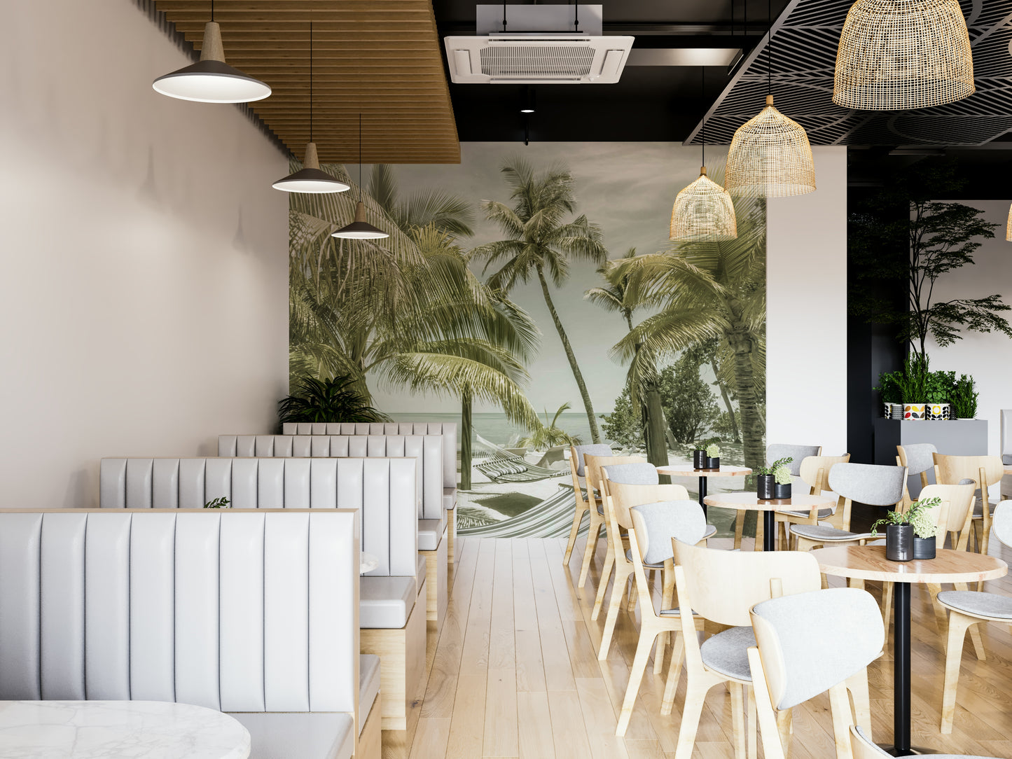 Vintage beach mural with calm waves and classic skies.

