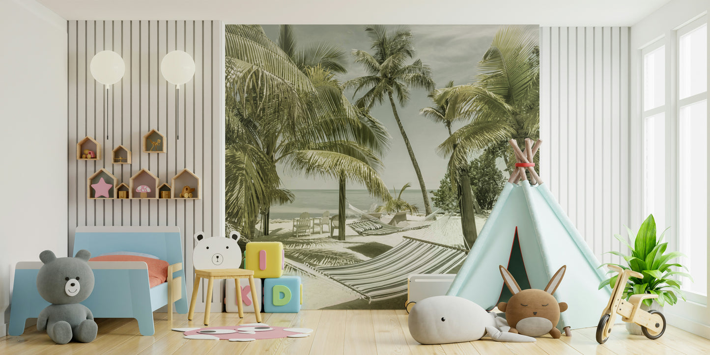 Wall art of Florida’s coast in dreamy retro color palette.


