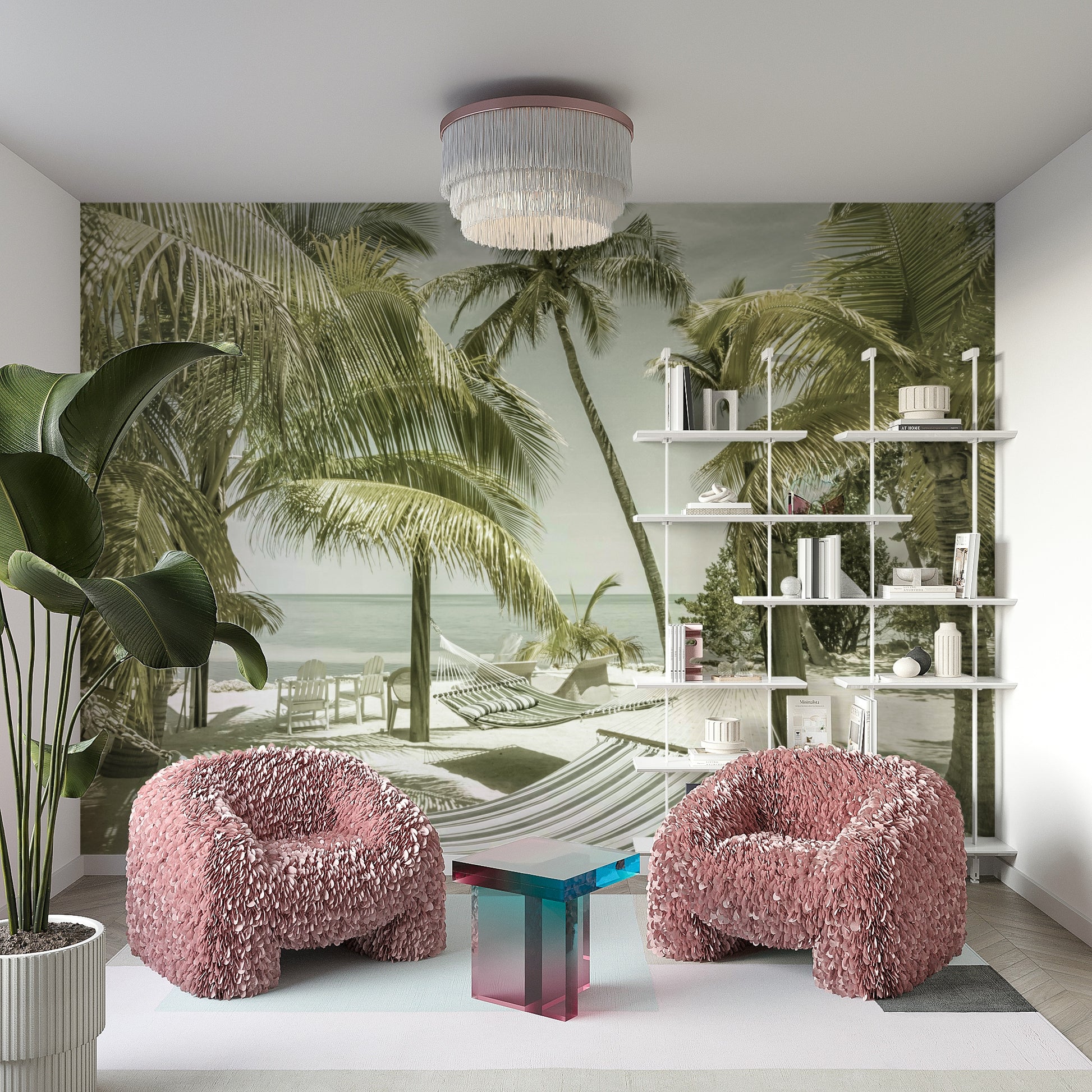 Tranquil mural of Florida coast in faded pastel tones.

