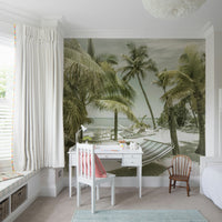 Soft-toned Florida mural with ocean, palms, and vintage charm.


