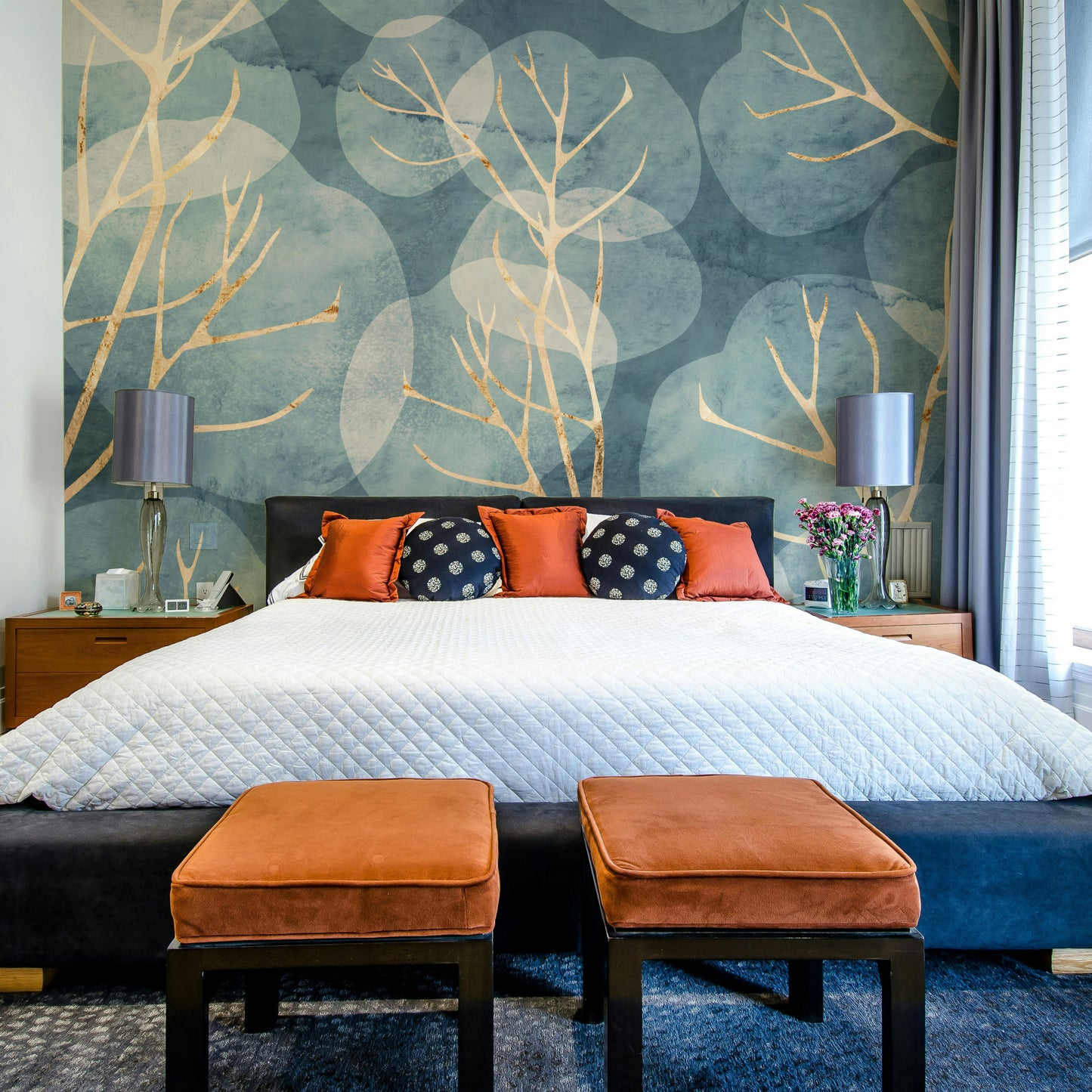 Detailed cyanotype leaf wall mural for interiors

