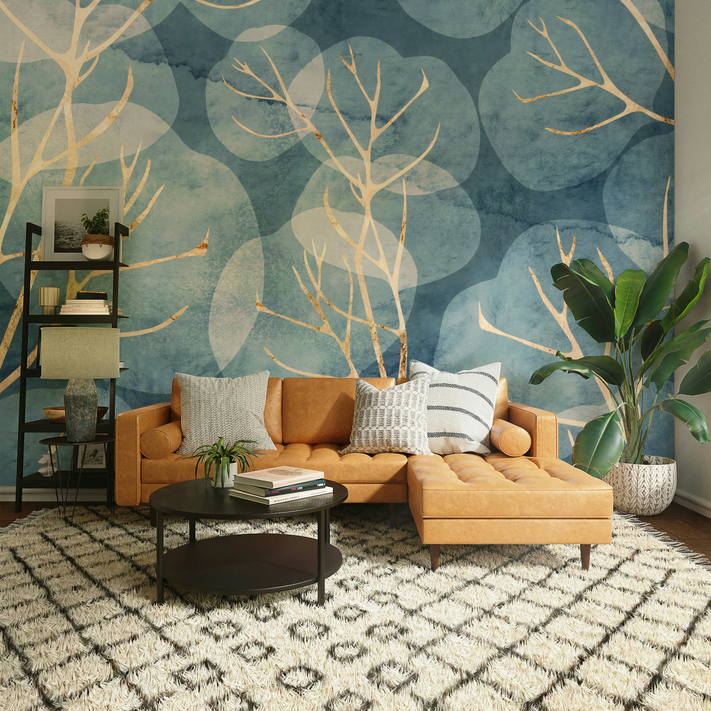 Winter-inspired leaf wall mural in cyanotype

