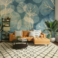 Winter-inspired leaf wall mural in cyanotype

