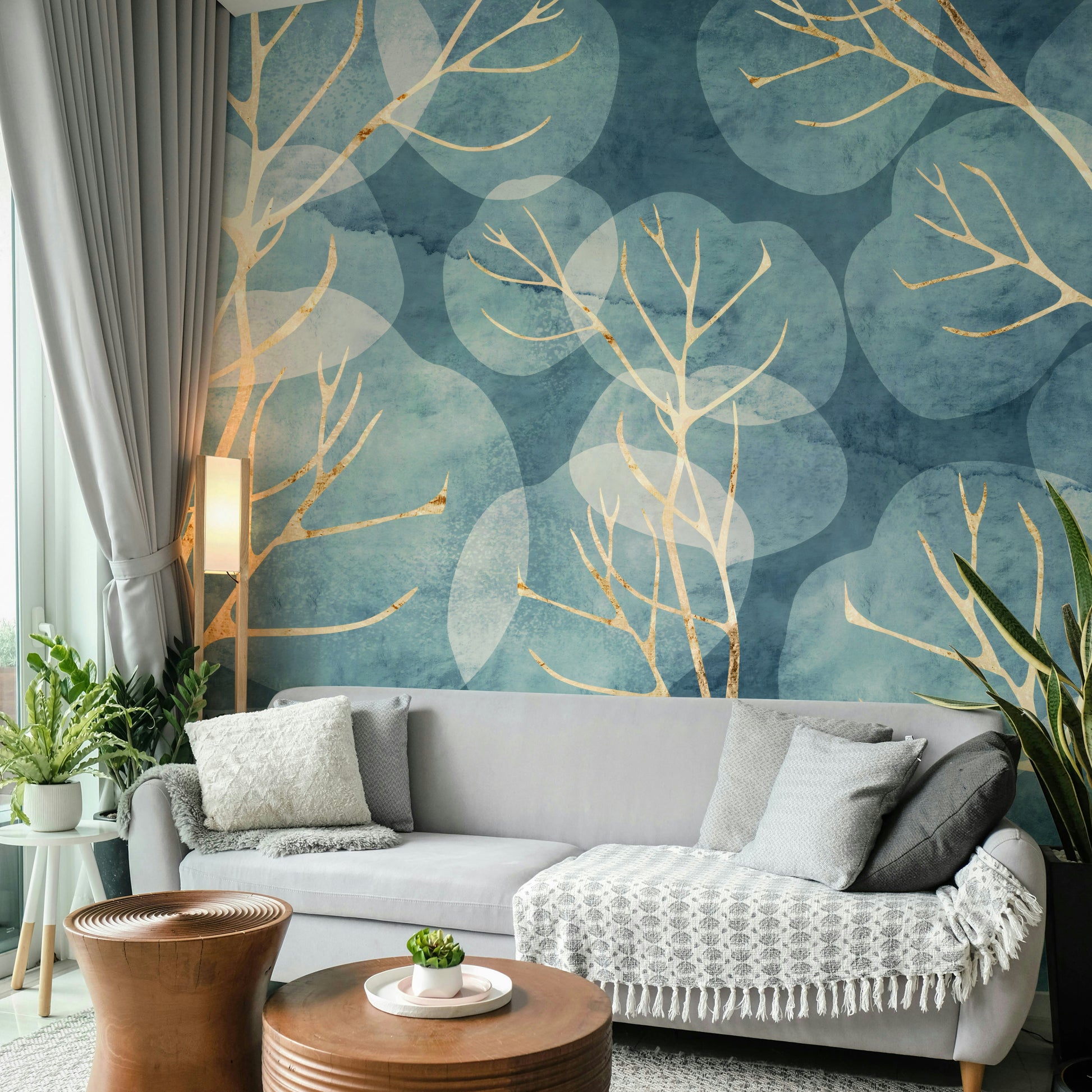 Cyanotype-style leaf print wall mural for home

