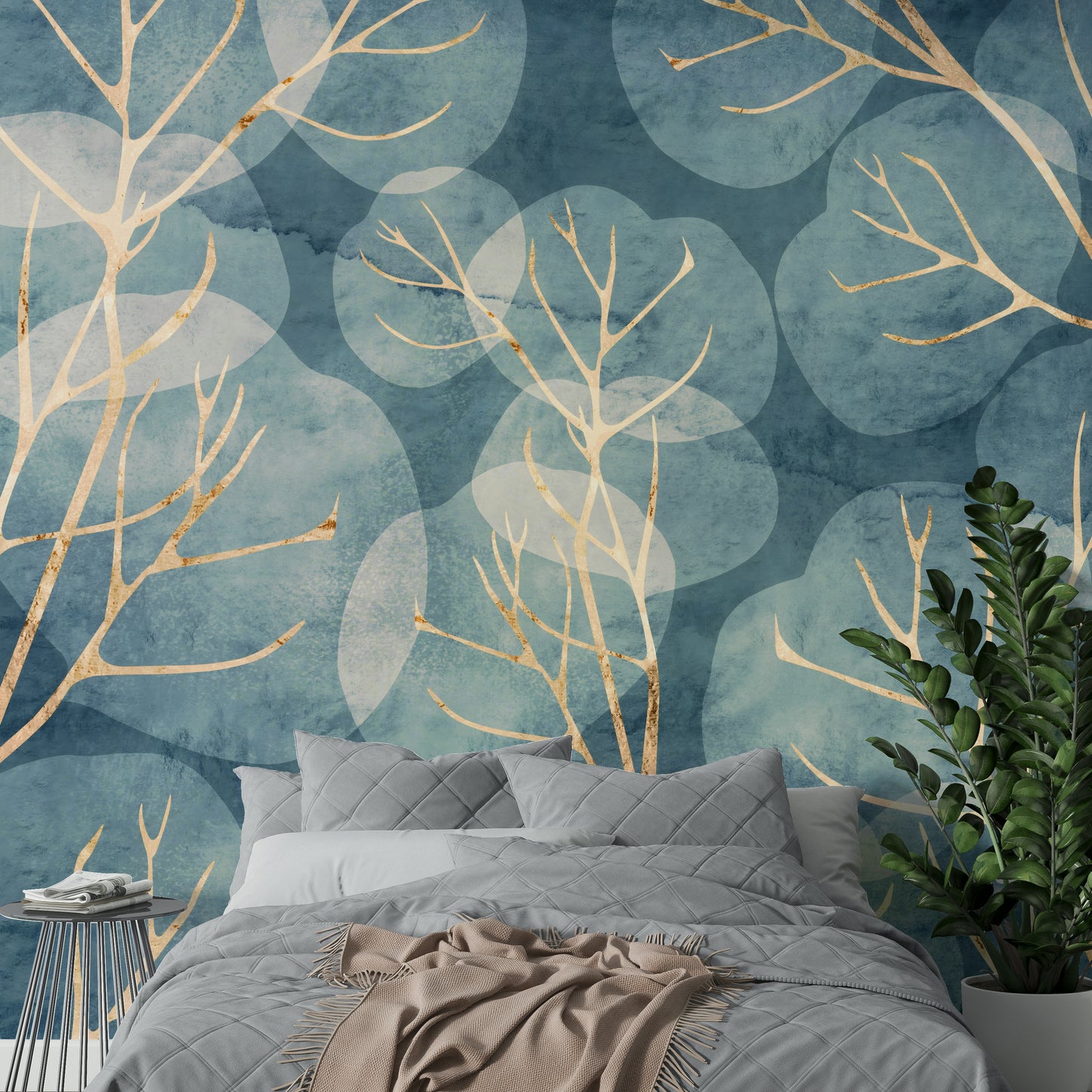 Midwinter leaf wall mural in striking cyanotype

