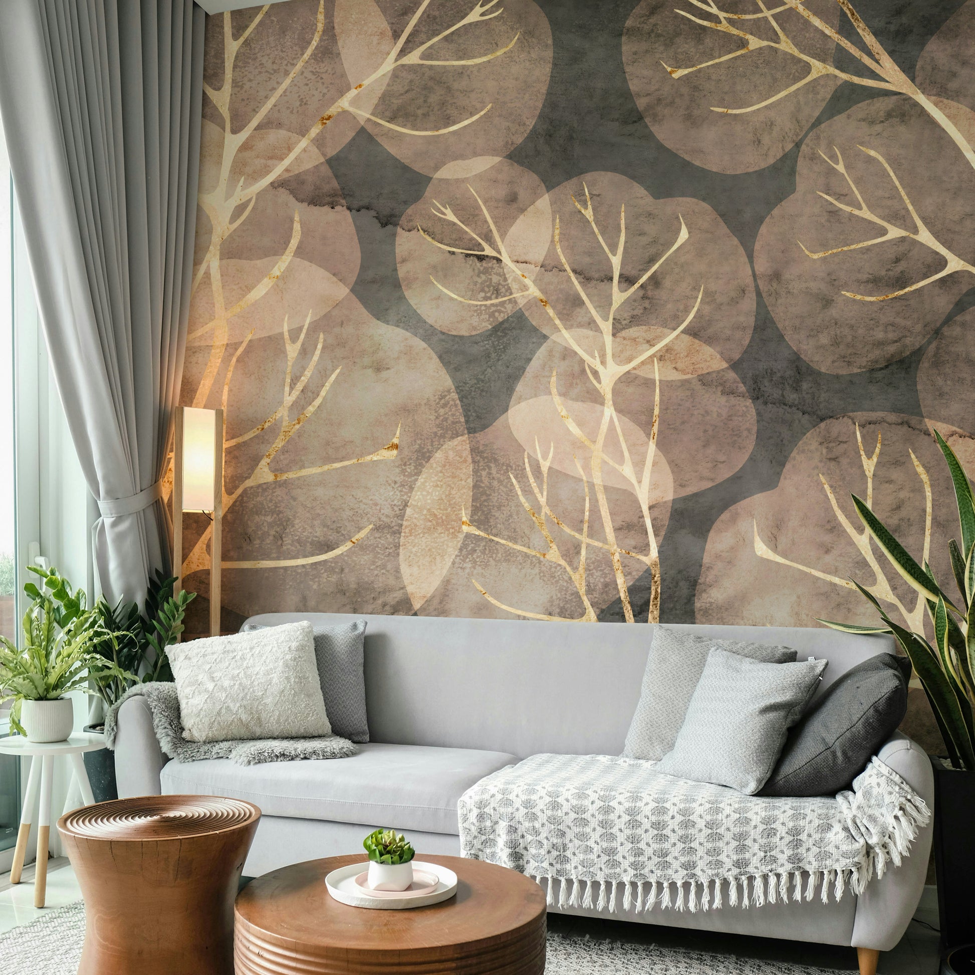 Sepia-toned leaf wall mural for cozy interiors

