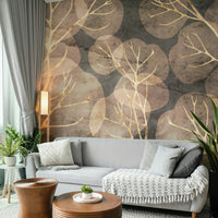 Sepia-toned leaf wall mural for cozy interiors

