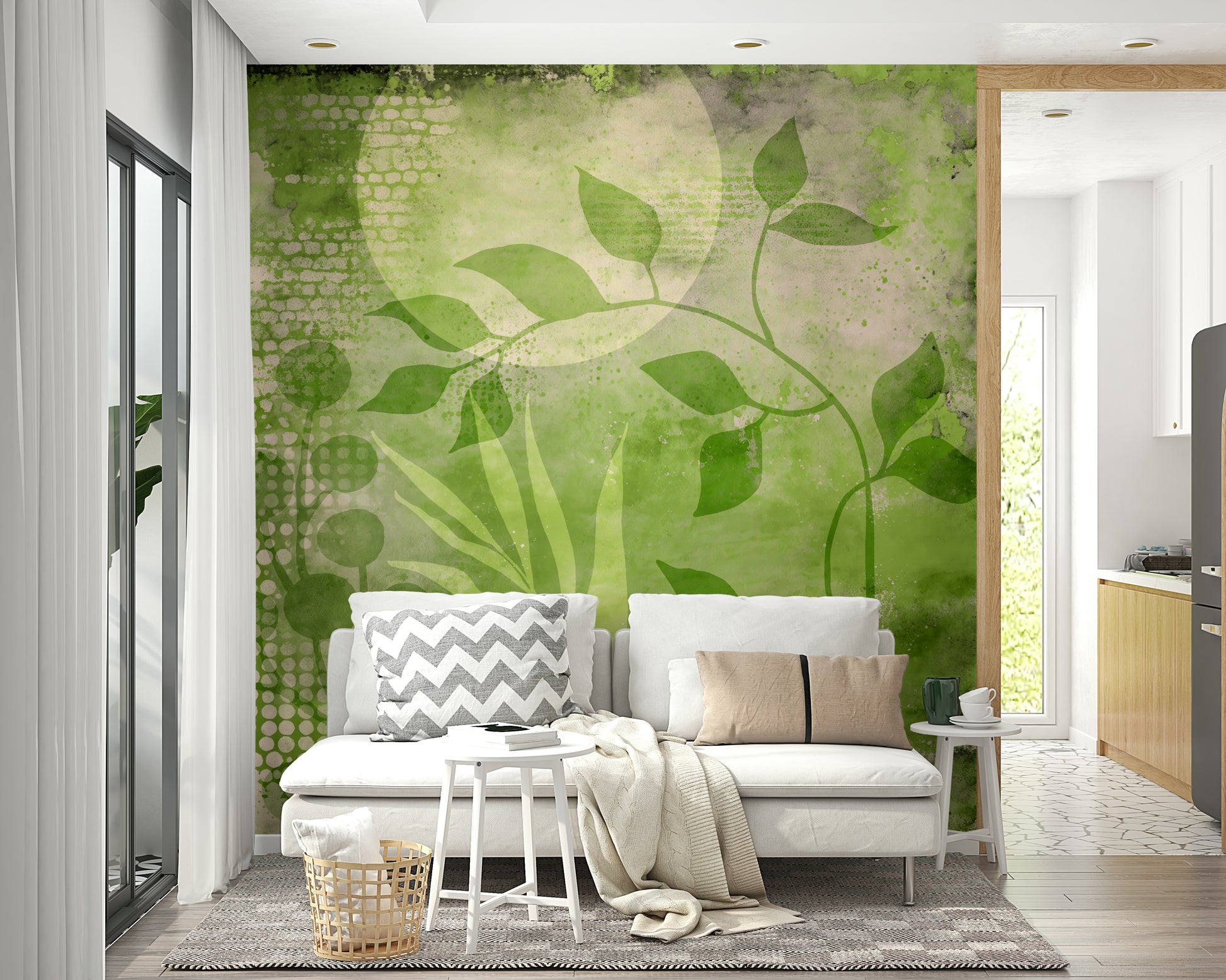 Stunning green abstract mural for living room walls.

