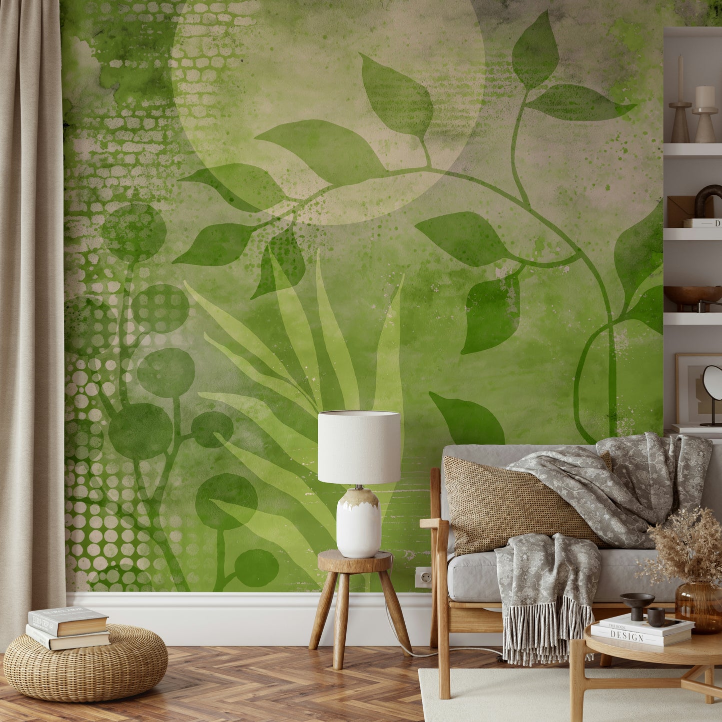 Elegant abstract greenery wall mural in vibrant shades.

