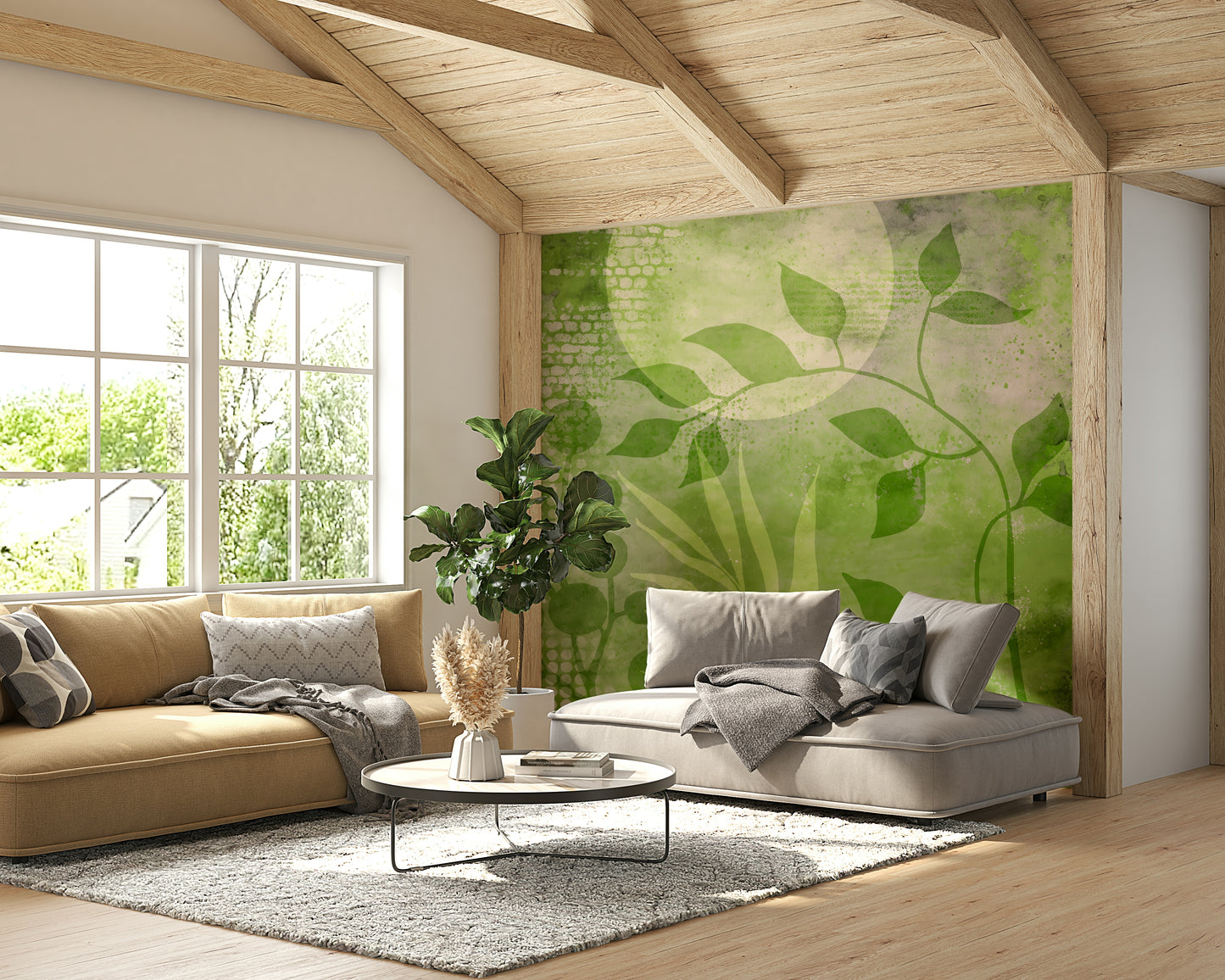 Abstract green leaf mural for a unique home design.

