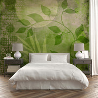 Abstract greenery mixed media wall mural for interiors.

