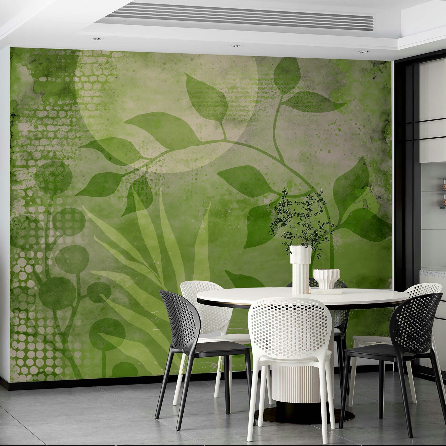 Modern mixed media art featuring greenery mural design.

