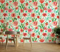 Nature-inspired spring poppies watercolor wall mural.

