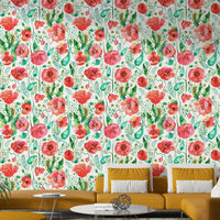 Spring poppies watercolor nature wallpaper for walls.

