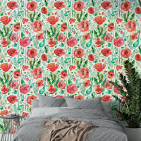 Watercolor poppies with nature elements for wall decor.

