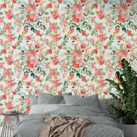 Fresh oleander floral wallpaper in coral tones

