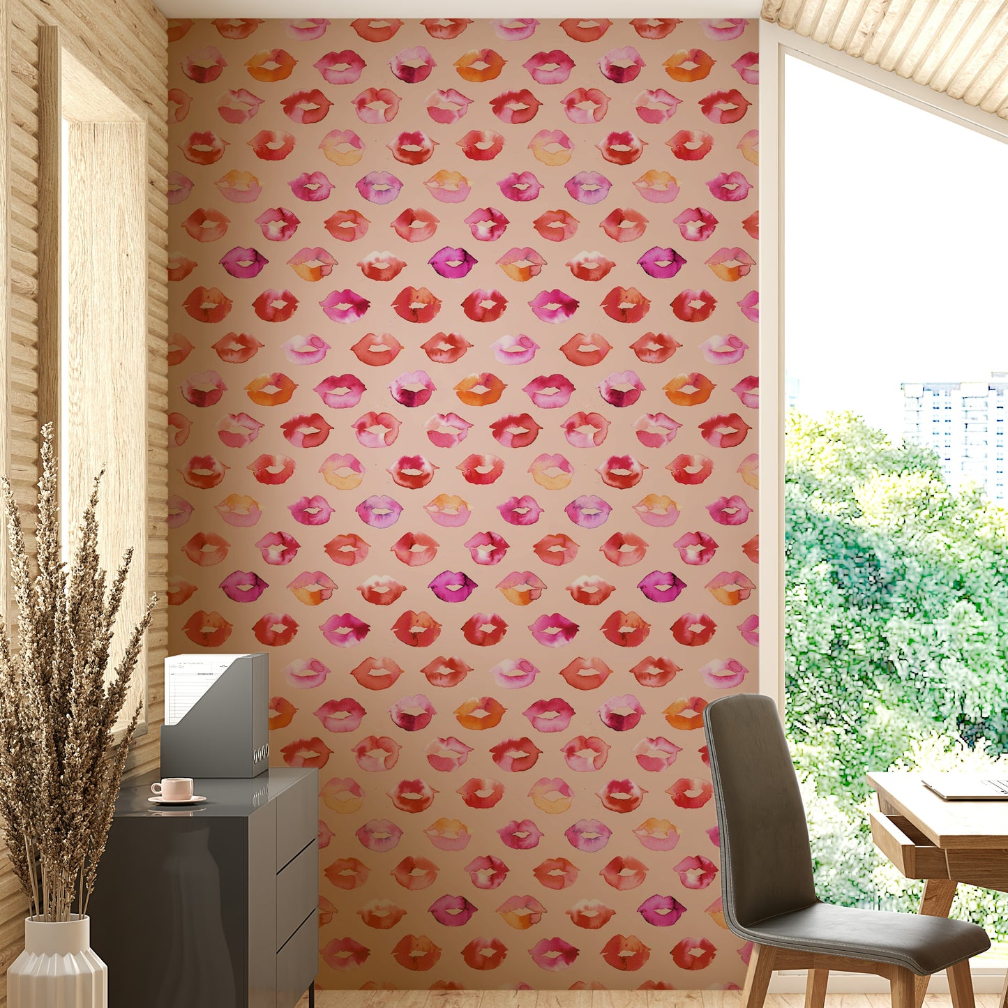 Pink lips wallpaper with kiss print design

