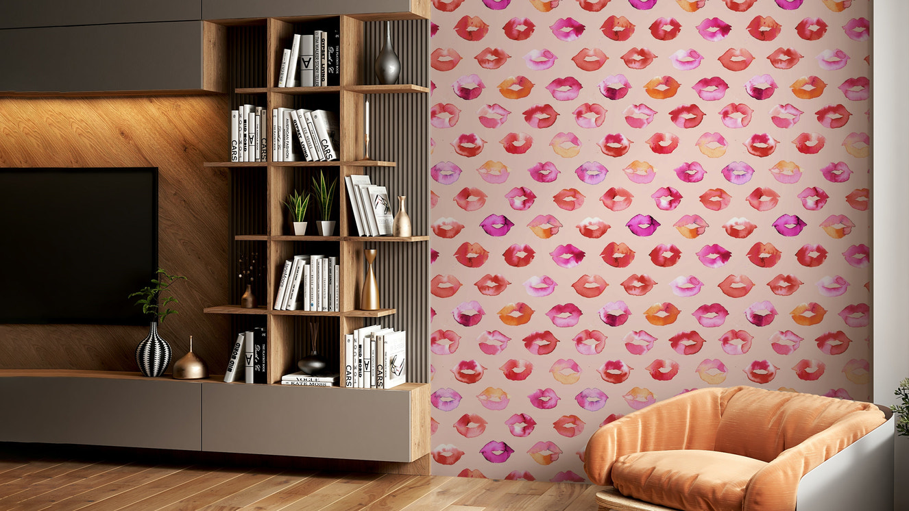 Bold pink lips wall mural with love vibes

