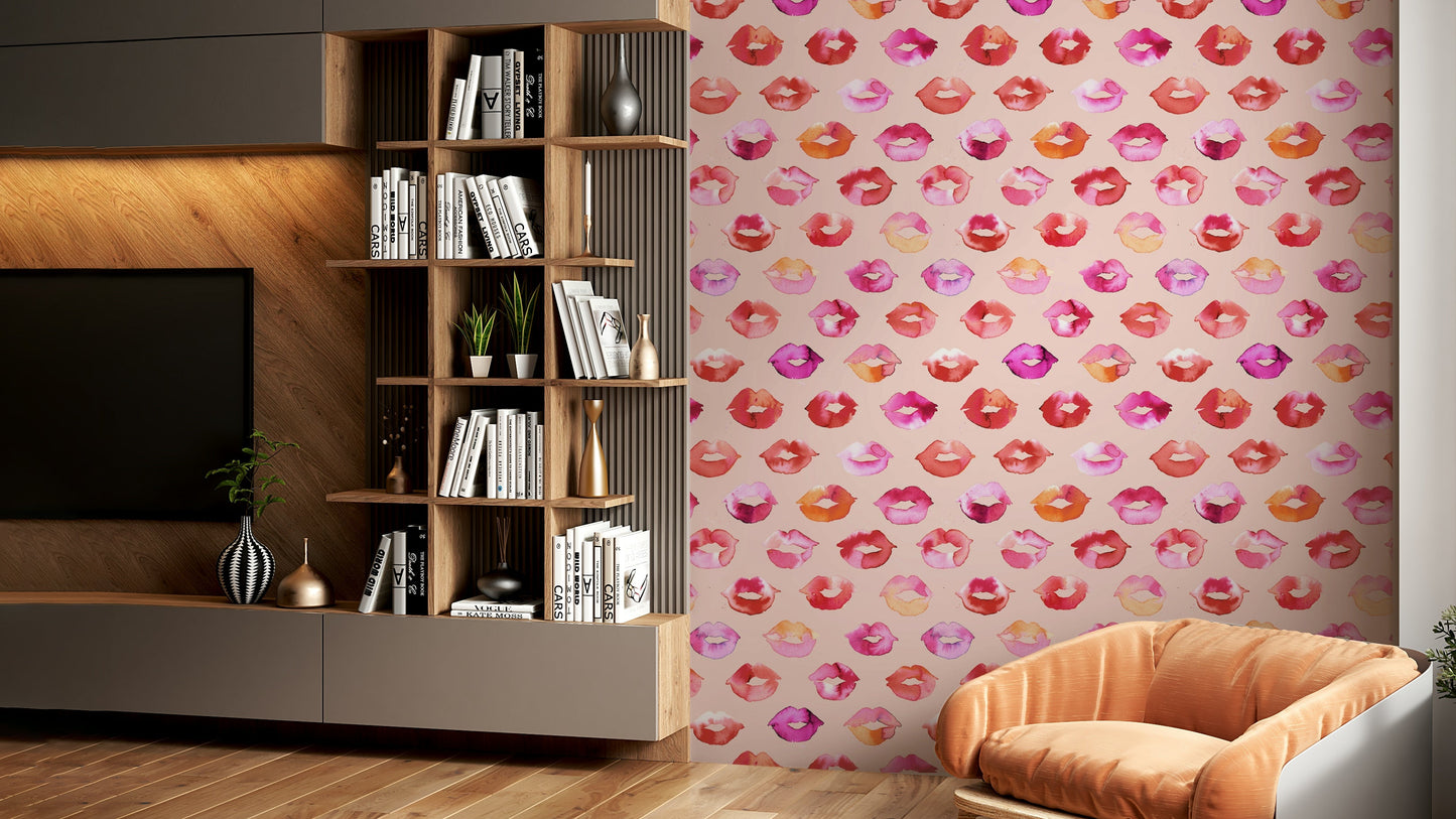 Bold pink lips wall mural with love vibes

