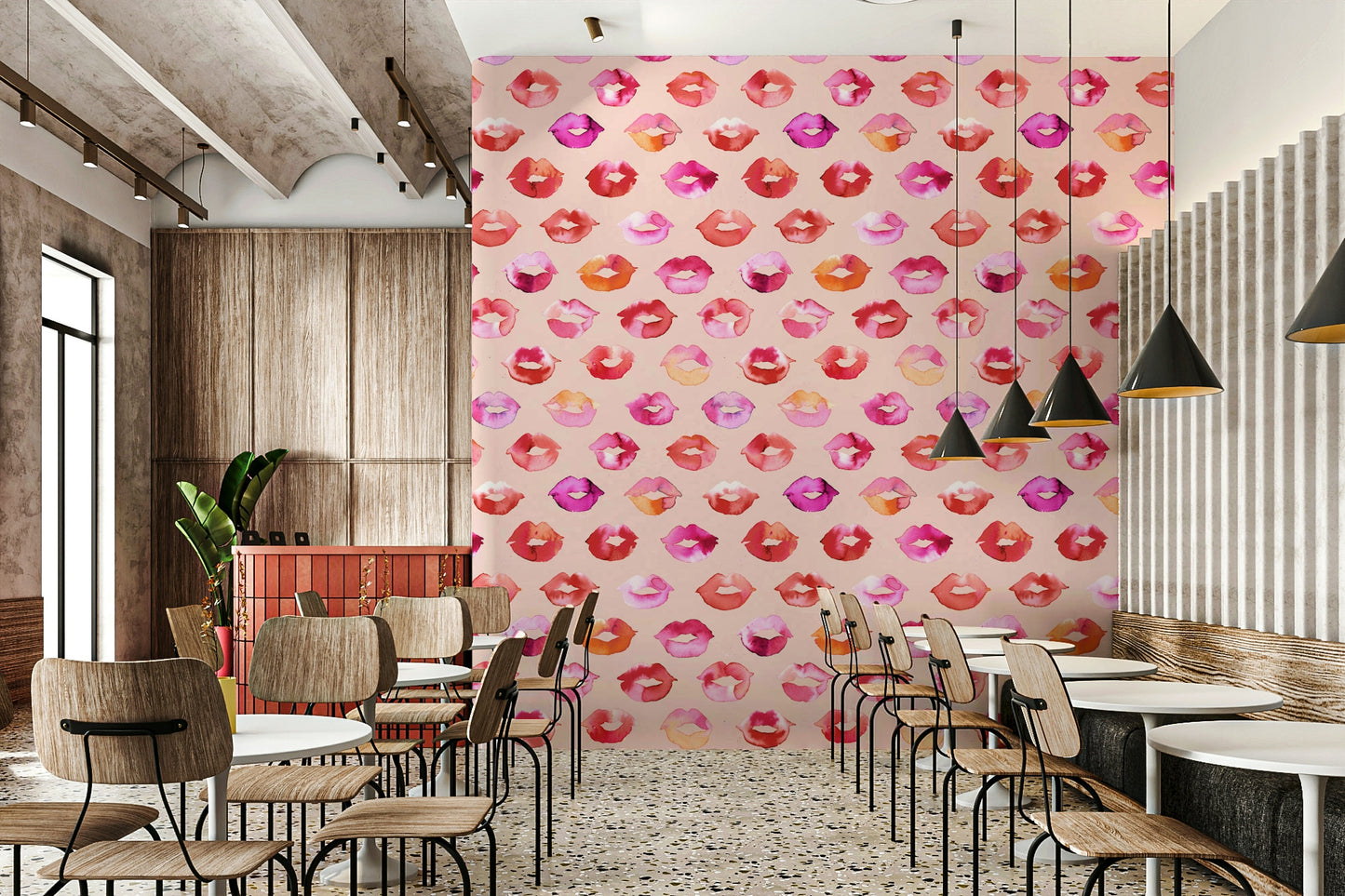Love-themed mural with sweet pink lip patterns

