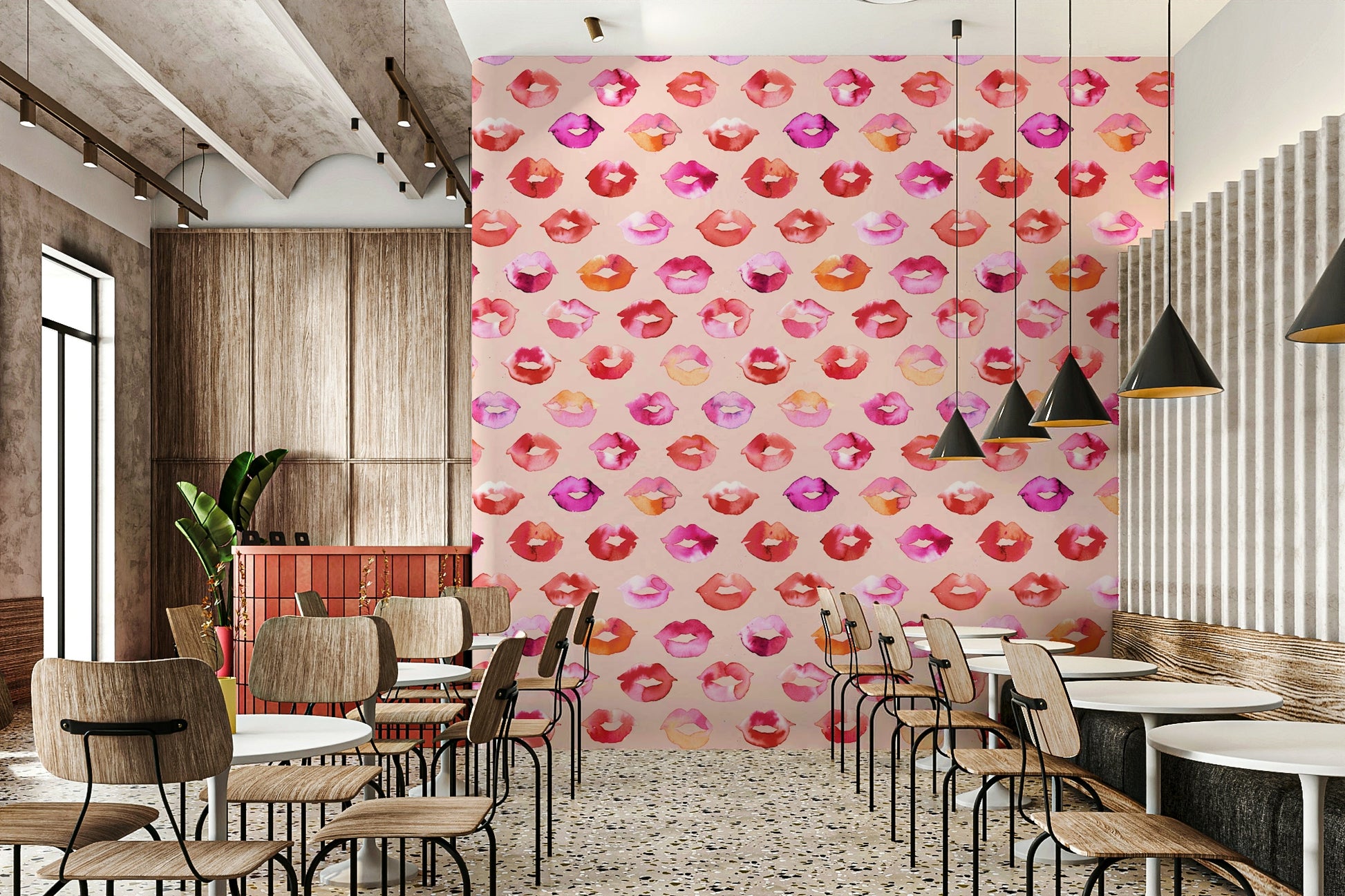 Love-themed mural with sweet pink lip patterns

