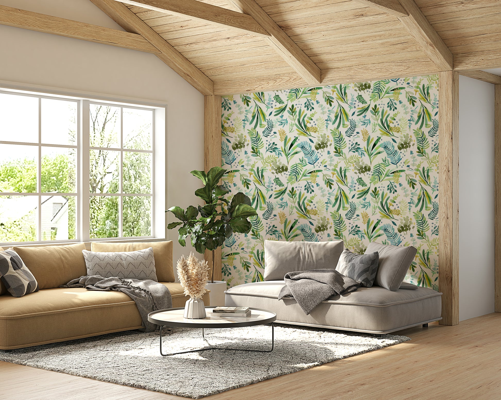 Tuscany-style wallpaper with leafy olive details

