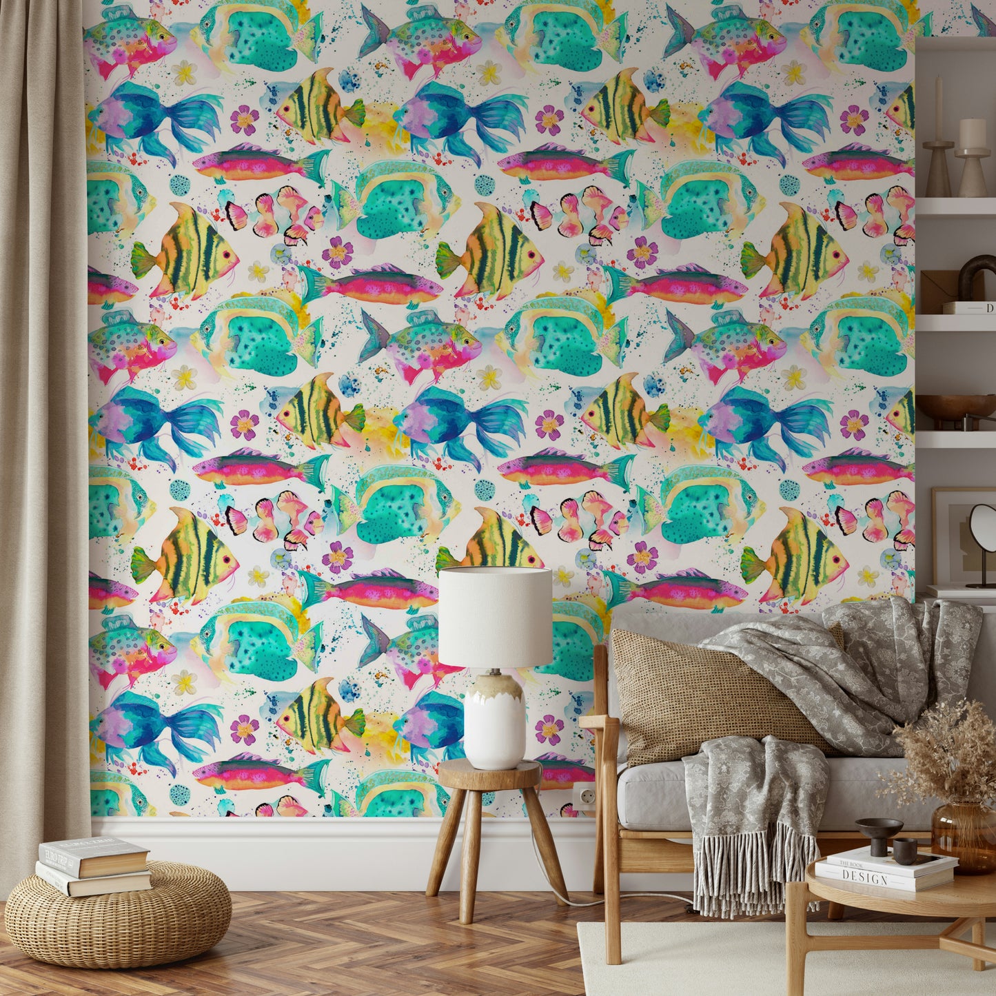 Colorful underwater fish wallpaper in pink tones

