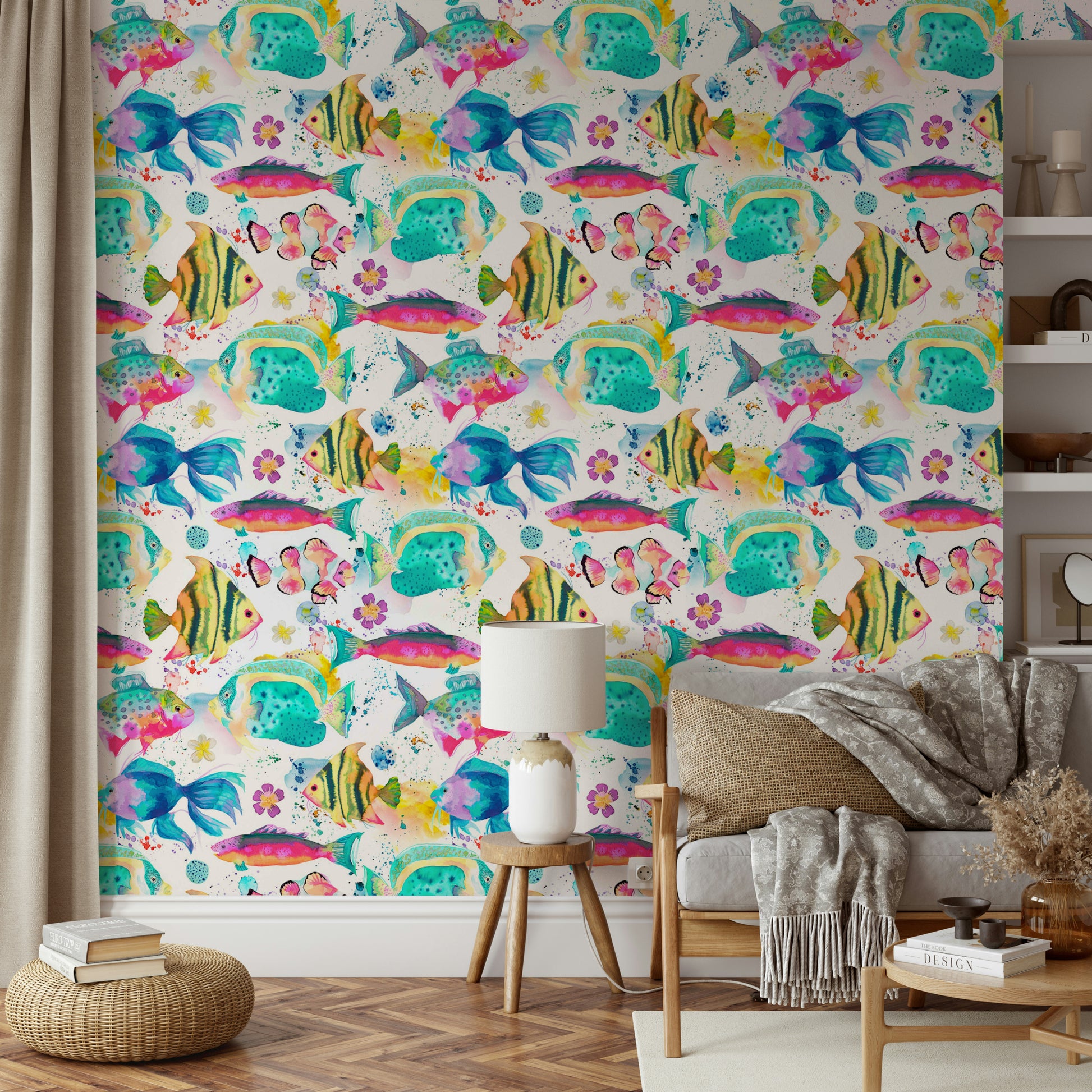 Colorful underwater fish wallpaper in pink tones

