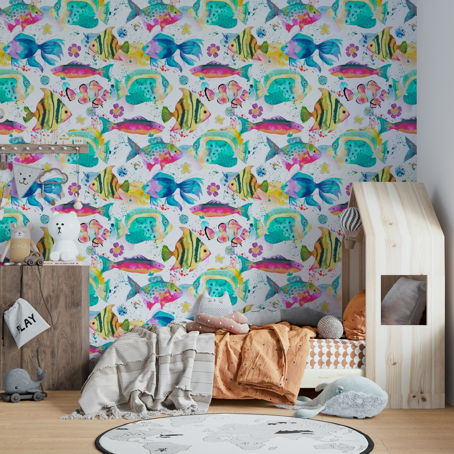 Bright underwater fish wall mural for kids’ rooms

