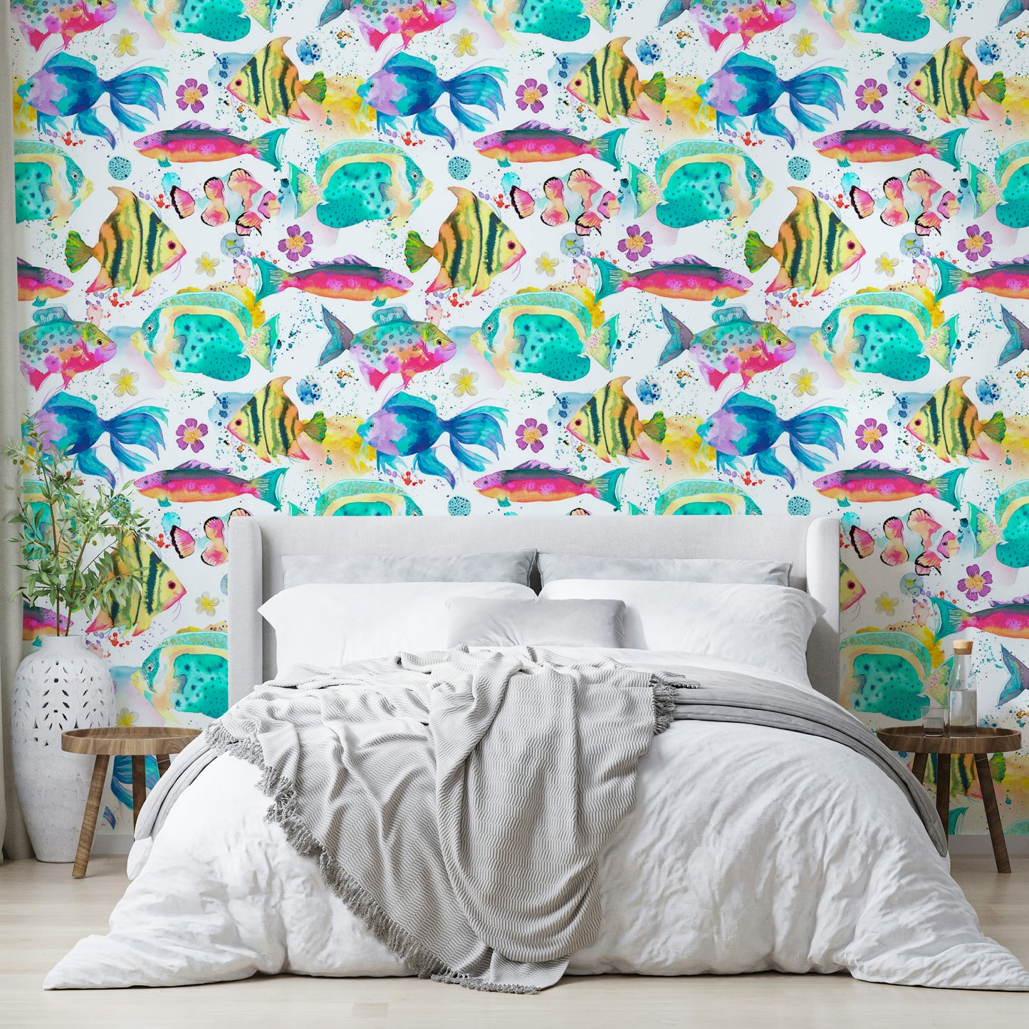Vibrant marine life wall mural with Hawaiian vibe

