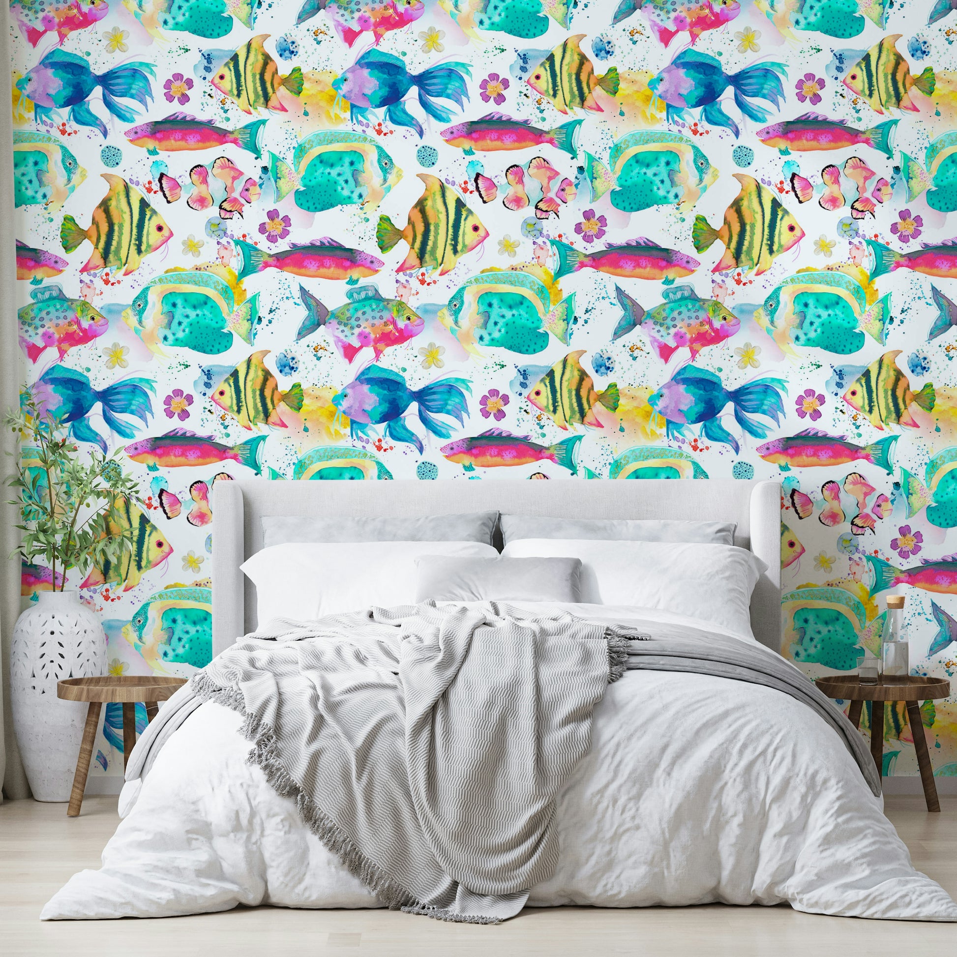 Vibrant marine life wall mural with Hawaiian vibe

