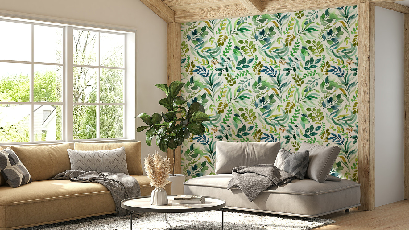 Botanical leaves wall design with gentle brushstrokes

