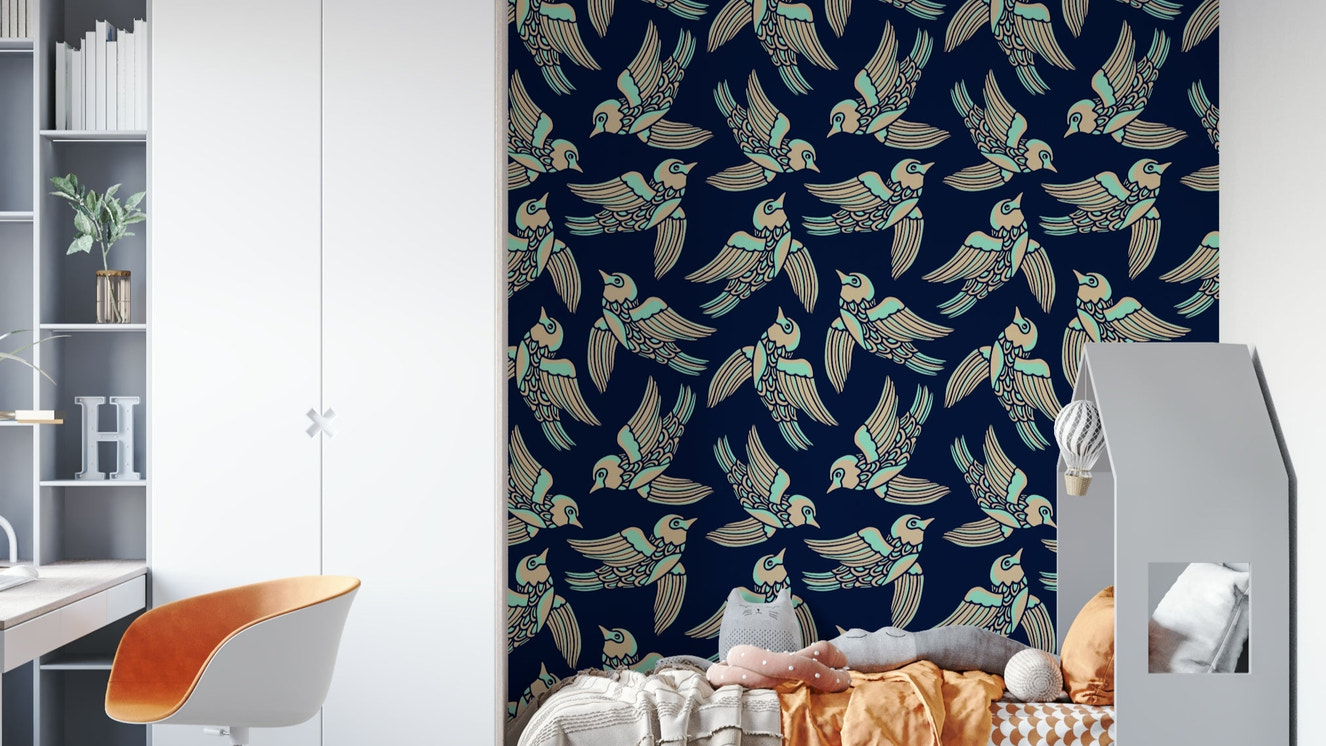 Mint and midnight blue wallpaper with flying birds

