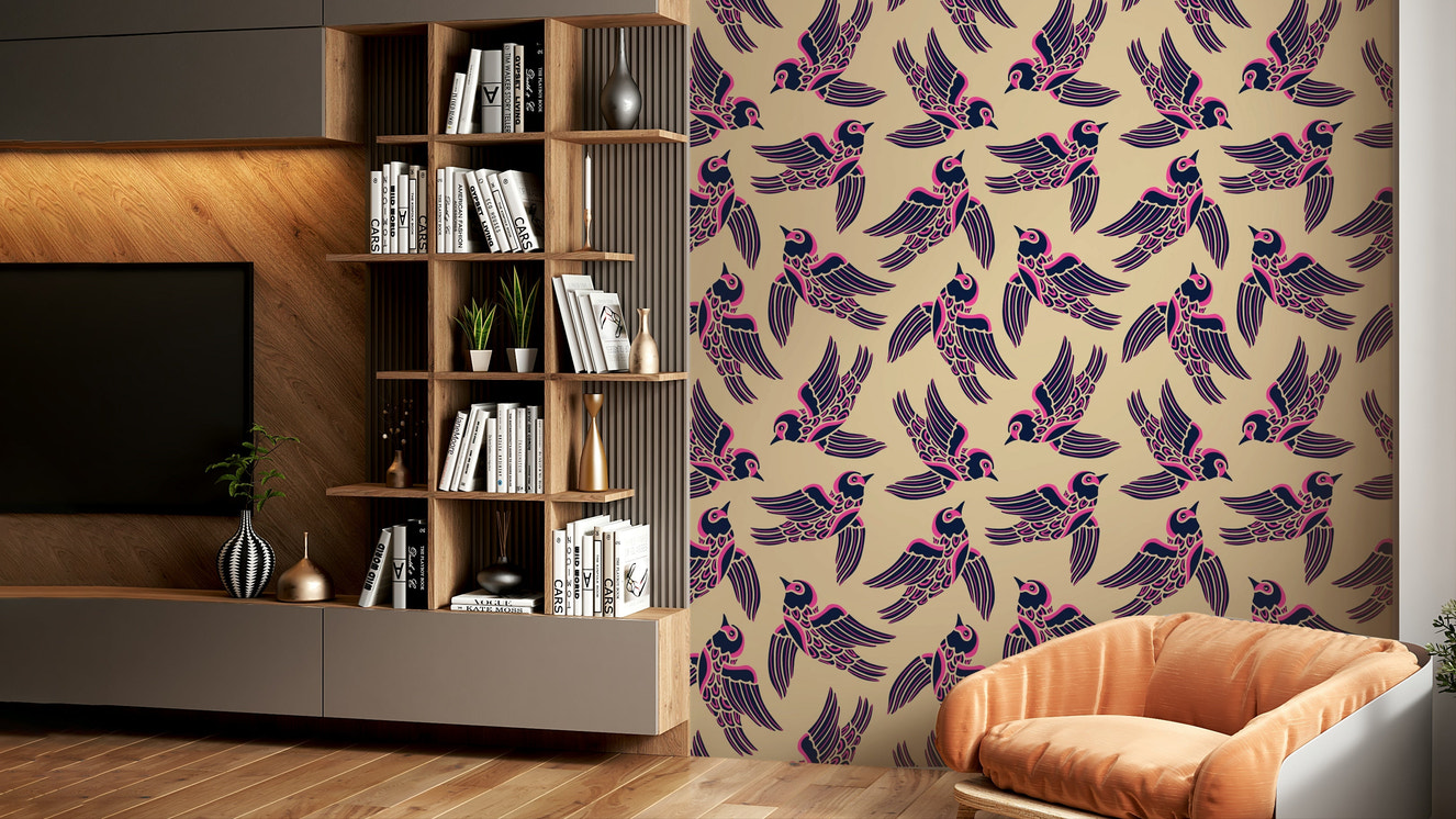 Artistic bird flight mural in bold color palette

