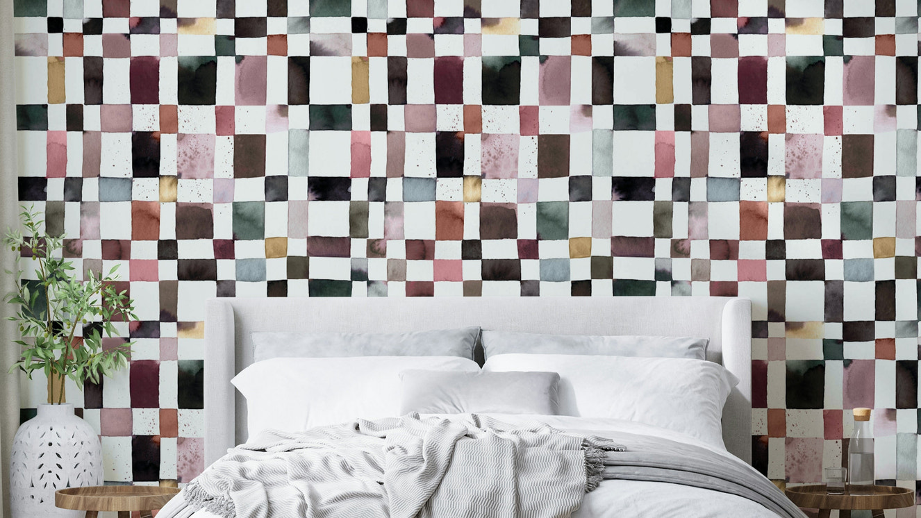 Hand-painted checkered wall mural in soft tones

