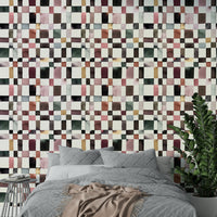 Artistic checkered mural with geometric layout

