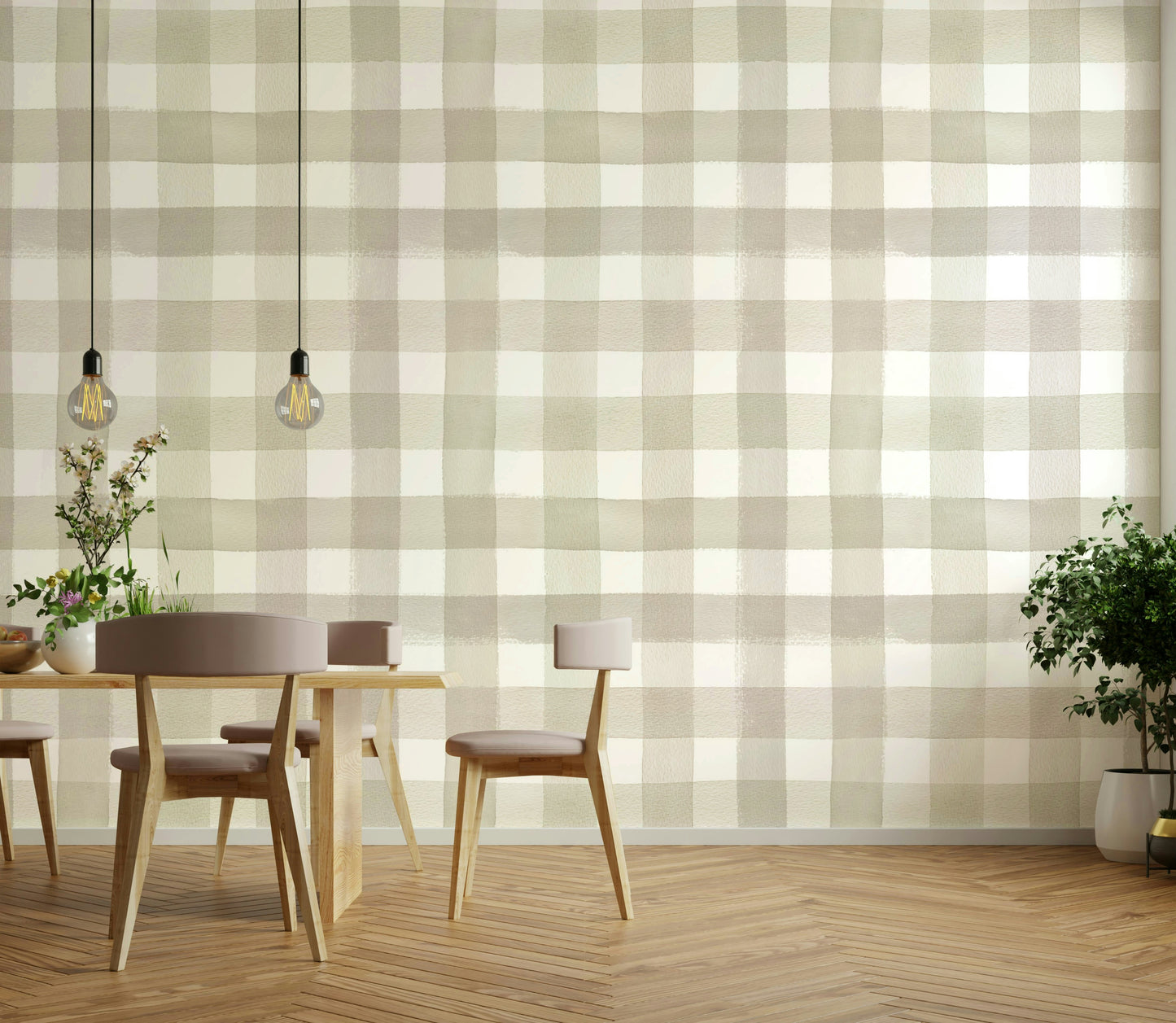 Neutral gingham wall covering in watercolor style

