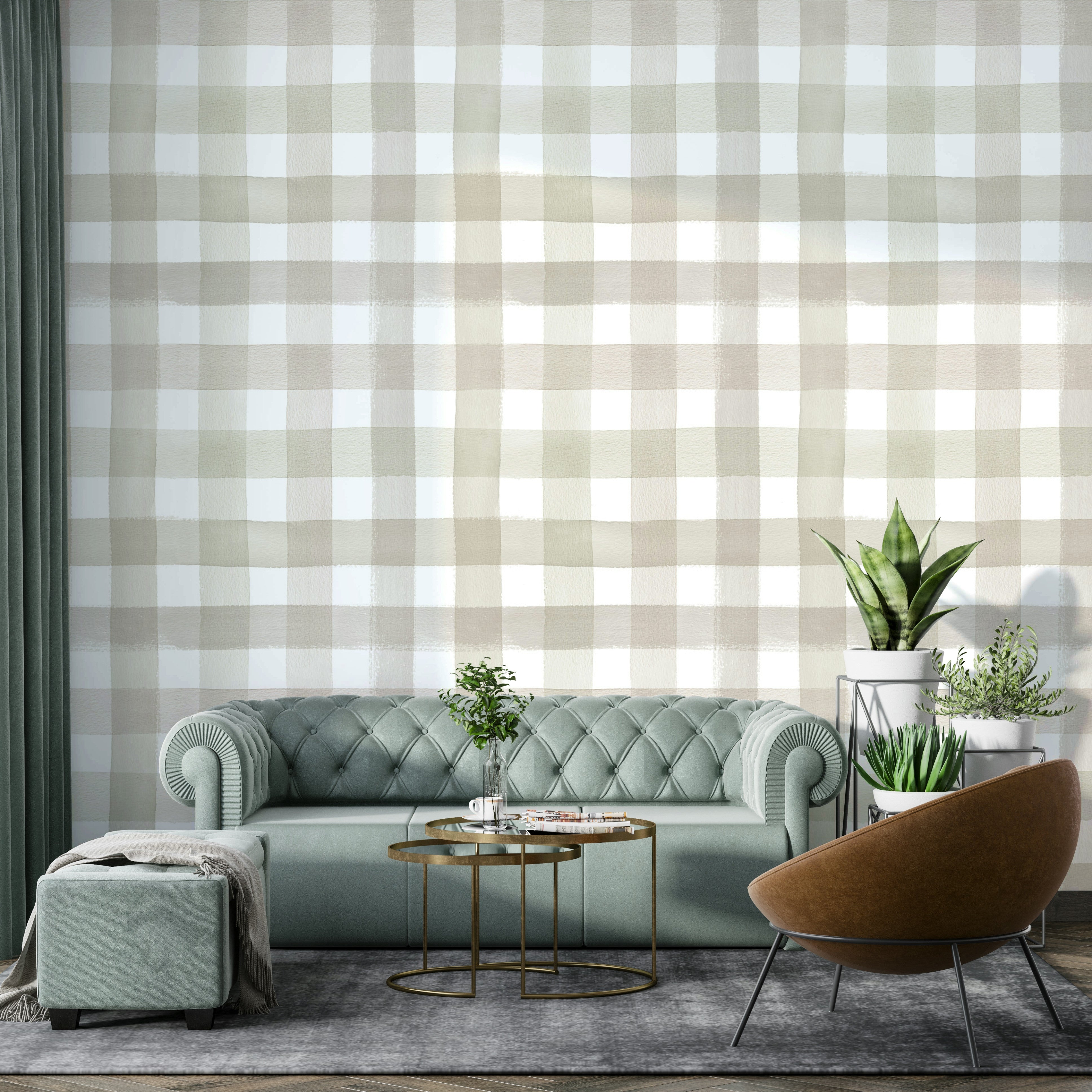 Beige gingham mural with watercolor brushstrokes

